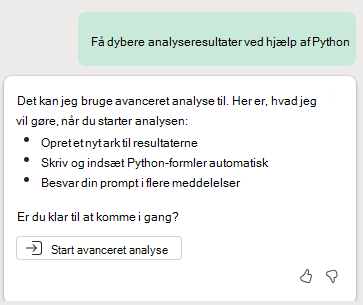 Skærmbillede, der viser prompten starte en avanceret analyse med Copilot i Excel med Python.