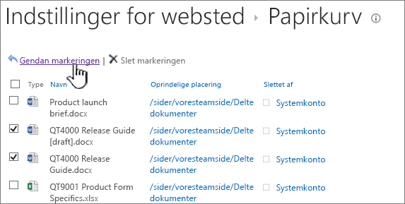 Papirkurv på andet niveau i SharePoint 2013 med knappen Gendan fremhævet