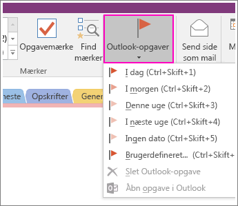 Skærmbillede af knappen Outlook-opgaver i OneNote 2016.
