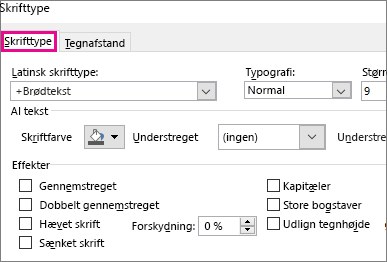 Dialogboksen Skrifttype i Excel