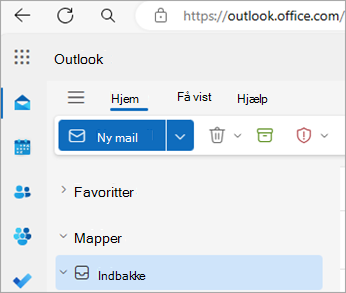 Skærmbillede, der viser Outlook på internettet startside