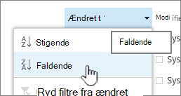 Rullemenuen for sortering i en kolonneoverskrift