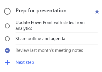 Detaljevisning af opgave forberedelse til præsentation med tre trin: Opdater PowerPoint med slides fra Analytics, del disposition og dagsorden, og gennemse de sidste måneds mødenoter, som er fuldført