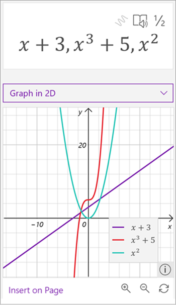 skærmbillede af matematikassistent genereret graf over tre ligninger, x plus 3 i lilla, x til tredje plus 5 i rød og x kvadreret med grønt.