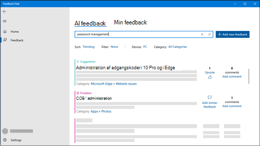 Dialogboksen Søg feedback i Feedback Hub