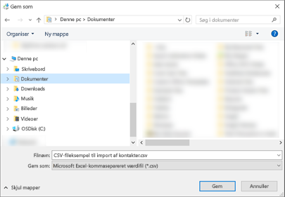 Når du henter .csv-eksempelfilen, skal du gemme den på computeren som en .csv-filtype.