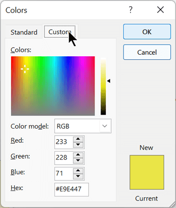 Du kan vælge en brugerdefineret farve under fanen Brugerdefineret i dialogboksen Farver.