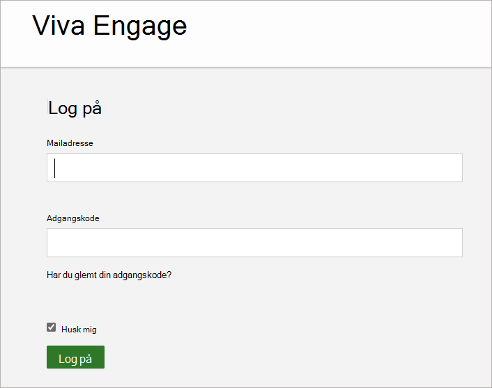 Skærmbilledet viser det skærmbillede, hvor du angiver den mailadresse og adgangskode, der er knyttet til din Viva Engage-konto.
