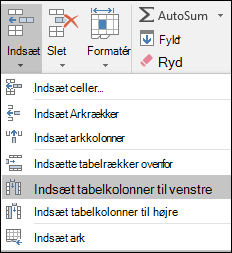 Hvis du vil tilføje en tabelkolonne fra fanen Hjem, skal du klikke på pilen for Indsæt > Indsæt tabelkolonner til venstre.