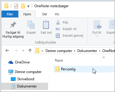 Skærmbillede af mappen Dokumenter i Windows med notesbogmappen i OneNote synlig.