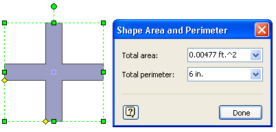Dialogboksene Areal og Omkreds viser målinger for den markerede figur.