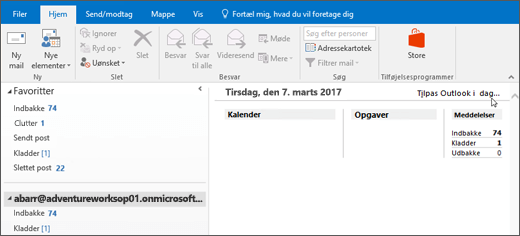 Skærmbillede af visningen Outlook i dag i Outlook, der viser navnet på postkasseejeren, dags dato og den tilknyttede kalender, opgaver og meddelelser for dagen.