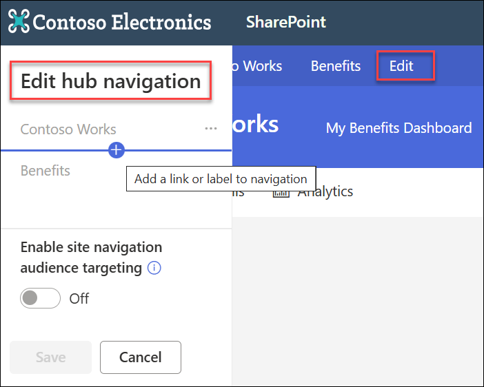 skærmbillede af navigation i redigeringshub