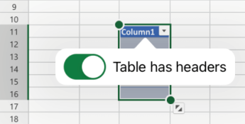 Tabellen har valgt overskrifter i Excel til iOS.