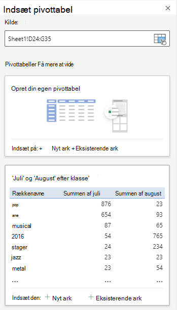 Dialogboksen Indsæt pivottabel i Excel til internettet, der viser det markerede celleområde.