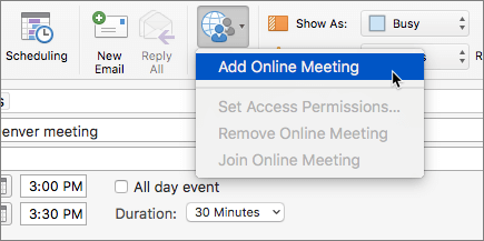 Skærmbillede af en mødeindkaldelse med Tilføj Skype-møde markeret på værktøjslinjen.