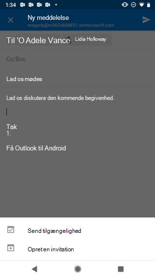 Viser et Android-skærmbillede med mailkladden nedtonet og knappen "Send tilgængelighed" under den.