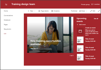 Billede af webstedsskabelonen For team til design af kurser