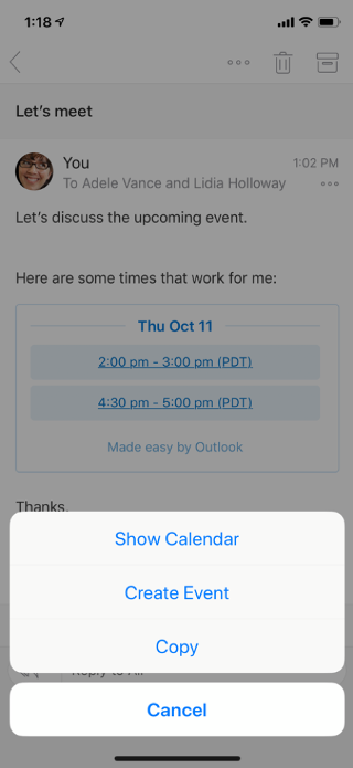Viser en mail på en mobilskærm. Der er menuindstillinger i bunden: Vis kalender, Opret begivenhed, Kopiér og Annuller.