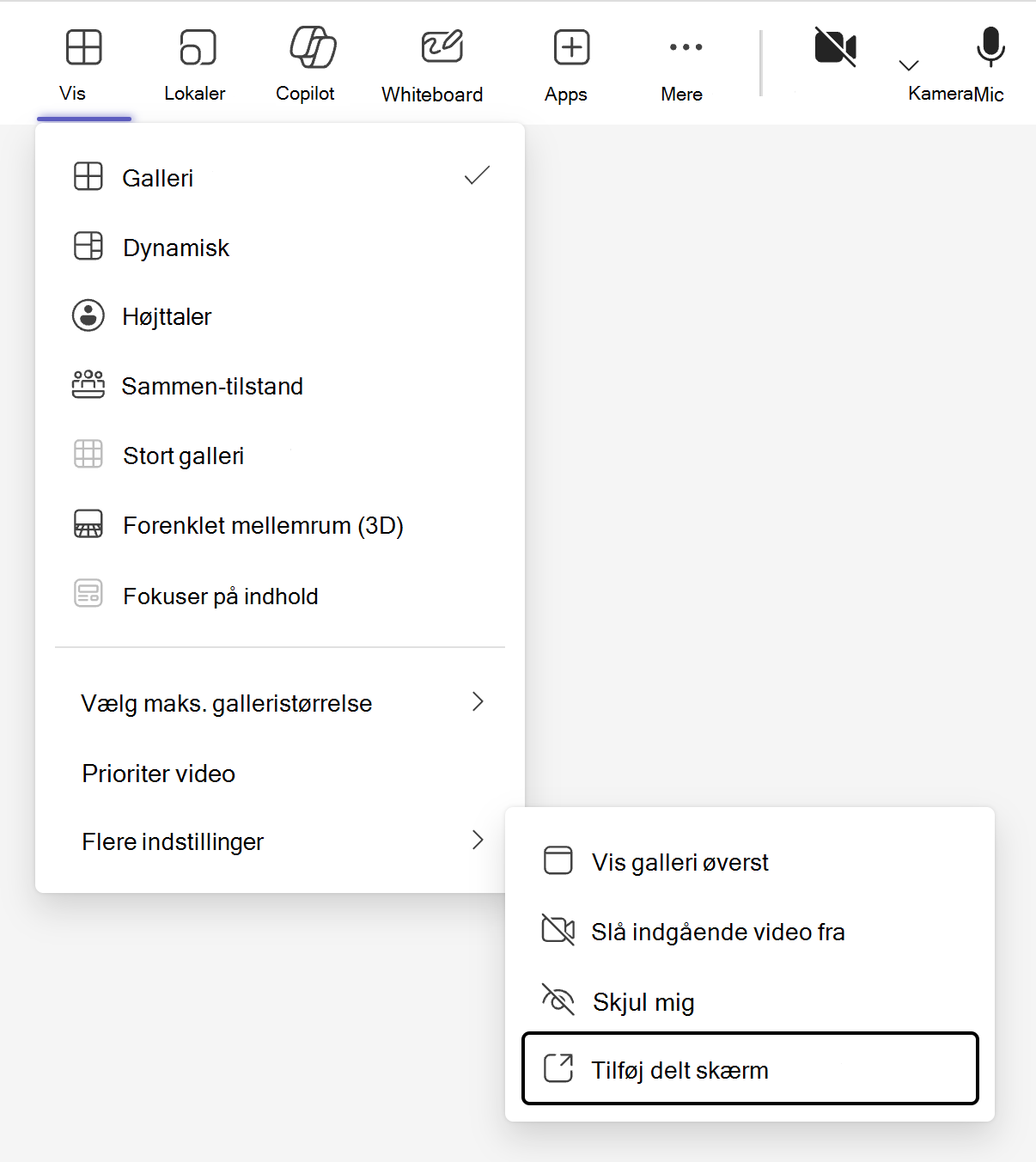 Visningsskifteren, der er angivet med knappen "Vis" på Teams-mødemenulinjen, indeholder en indstilling til at tilføje en delt visningstilstand under undermenuen "Flere indstillinger".