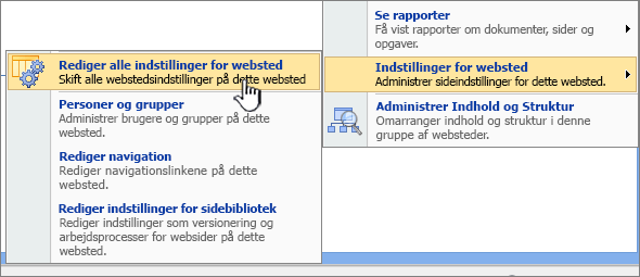 Indstillingen Rediger alle indstillinger for websted under Indstillinger for websted