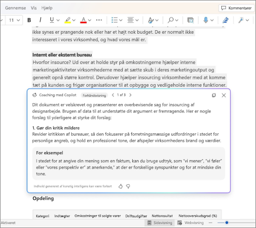 Viser forslag til rådgivning i Word.