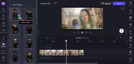 Et skærmbillede af Clipchamps editorside med en markør på fanen Føj til tidslinjen for en valgt avatar.