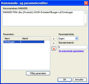 Kommando- og parameterredigeringsprogrammet med SQL-parametersætning