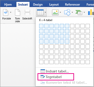 I Tegn tabel er det fremhævet, at du opretter en brugerdefineret tabel