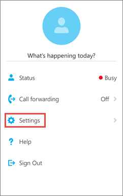 Startskærm for Skype for Business til iOS med Indstillinger