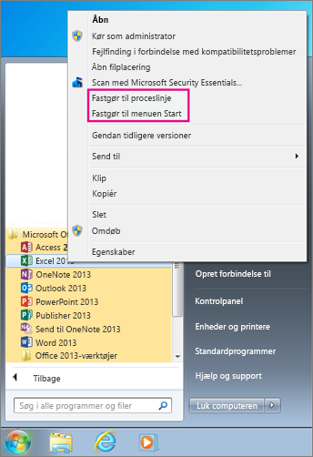 Fastgøre Office-app til menuen Start eller i proceslinjen i Windows 7