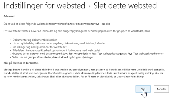 Skærm med advarsel om og bekræftelse af sletning af websted