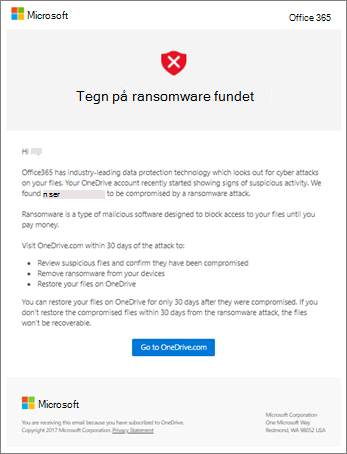 Skærmbillede af mailen til registrering af ransomware fra Microsoft