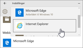 Valg af Edge- eller Internet Explorer-browser i standardprogrammer