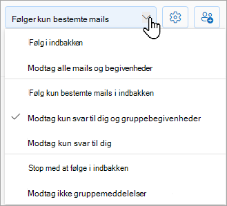 På rullelisten vises følgende indstillinger: Følg i indbakke, følg kun bestemte mails i indbakken, eller stop med at følge i indbakken.