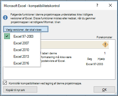 Dialogboksen Kompatibilitetskontrol i Excel