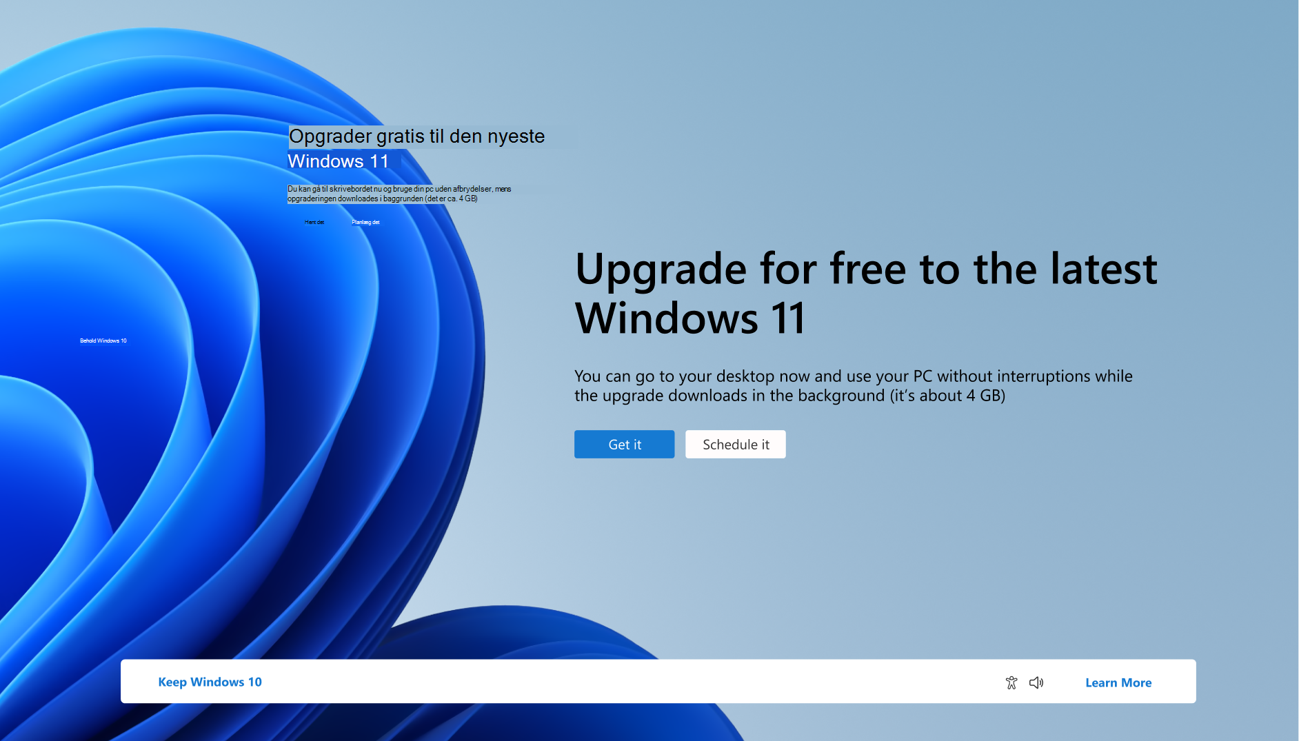 Skærmbillede af meddelelsen om, at pc'en kan opgradere gratis til Windows 11.