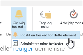 SharePoint 2016 med Indstil påmindelse på et element med element markeret