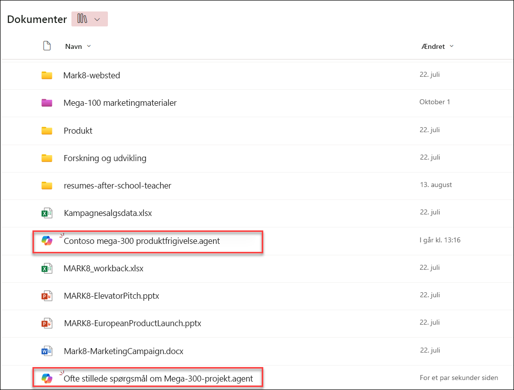 skærmbillede af Copilot-agenter, der er gemt i den aktuelle dokumentbiblioteksmappe