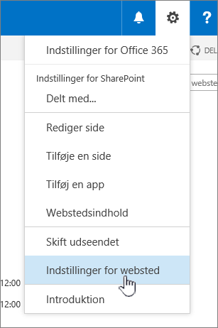 Indstillinger for websted under knappen Indstillinger