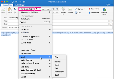 Skrifttype og skriftstørrelsesvælgere i Outlook til Mac
