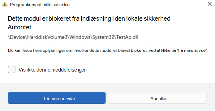 Besked, der startes, når LSA-beskyttelse blokerer indlæsning af en fil.