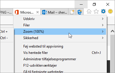 Et skærmbillede af menuen Funktioner i Internet Explorer