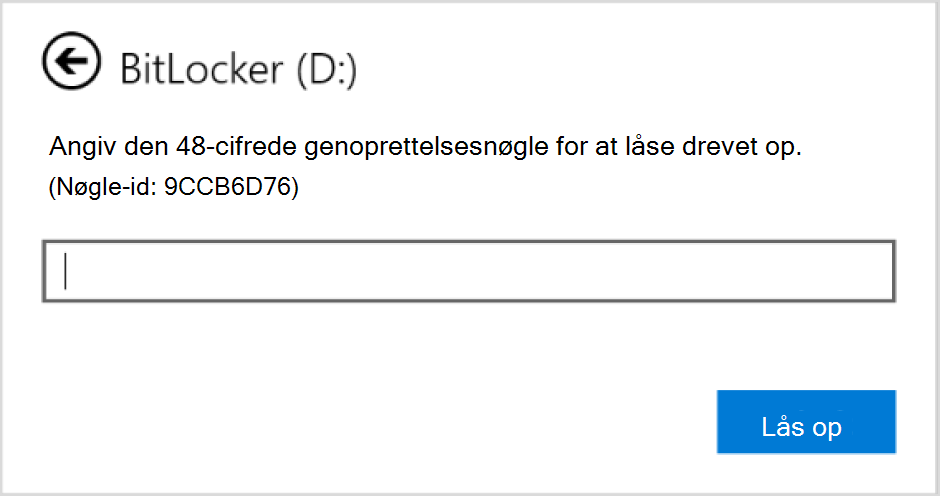 Skærmbillede af dialogboksen til at angive BitLocker-genoprettelsen for et datadrev.