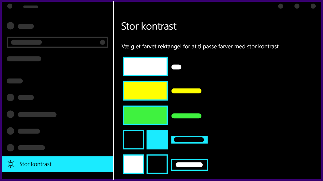 En illustration af, hvordan indstillingerne for stor kontrast ser ud i Windows 10.