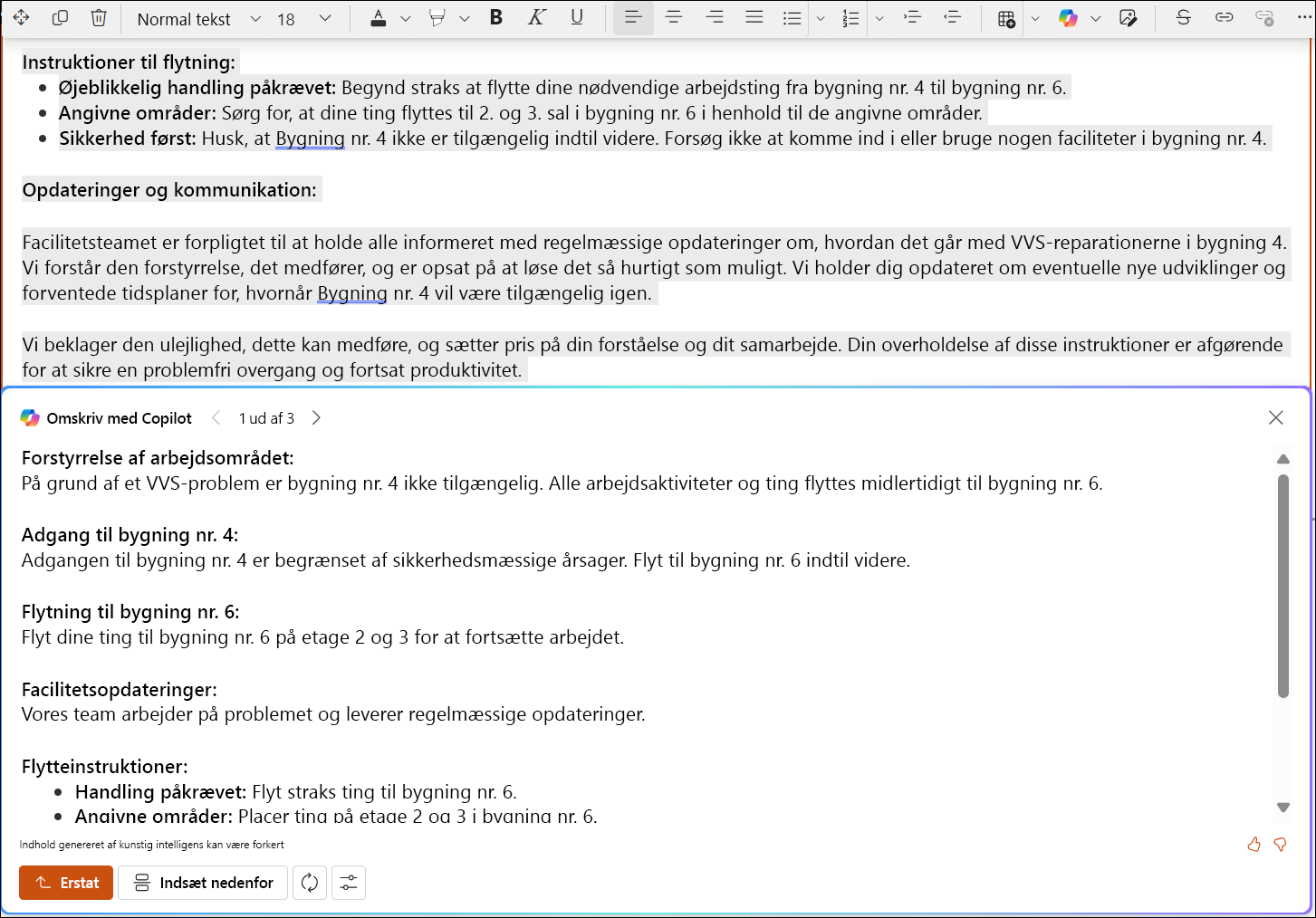 skærmbillede af et Sharepoint-forslag til redigering af en lang tekst.