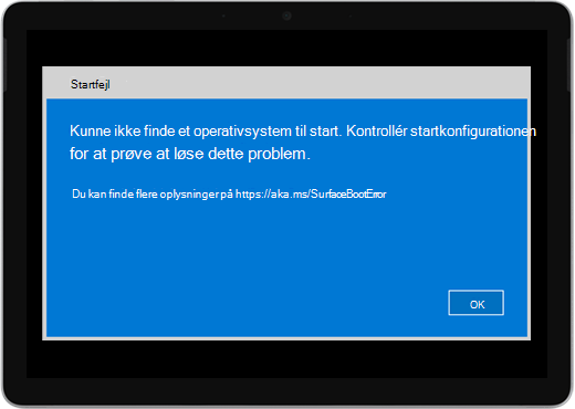 En blå skærm med titlen "Startfejl" og en meddelelse om at kontrollere startkonfigurationen.