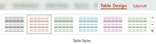 På fanen Tabeldesign kan du vælge mellem mange foruddefinerede tabeltypografier for hurtigt at anvende en anden formatering på en tabel.