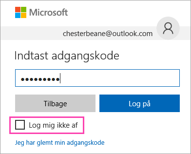 Et skærmbillede af markeringsfeltet "Log mig ikke af" på logonsiden Outlook.com