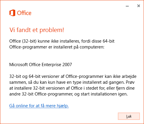 Kan ikke blande 32-bit- og 64-bit-versioner af Office